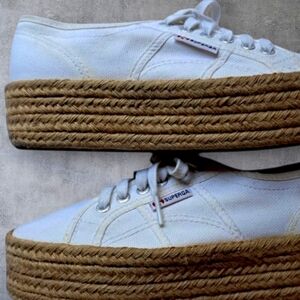 Superga Cotropew Beige Platform Espadrille Sneakers Sz 40 9.5 Lace Up Canvas
